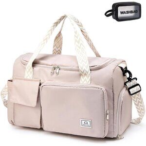 Women Beige Small Gym Carry On Weekender Travel Duffle Shoe Compartment Bag